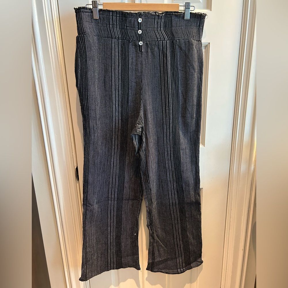 Blue Rain Wide Leg Elastic Waist‎ High Rise Black Striped Trousers - Size L